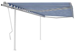 Copertină retractabilă manual, cu stâlpi, albastru/alb, 4x3 m