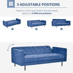 HOMCOM Canapea pat din material textil si picioare din metal, canapea cu 3 locuri cu spatar reglabil pe 3 niveluri, albastru