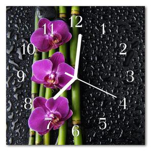 Ceas de perete din sticla pătrat Orhideea flori violet