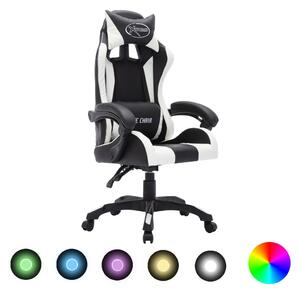 Scaun de racing cu LED RGB, alb și negru, piele ecologică