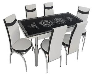 Set masă extensibilă Oriental Black cu 6 scaune alb negru