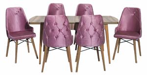 Set masă extensibilă Aris N. nuc cu 6 scaune roz