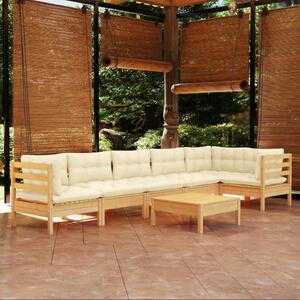 Set mobilier grădină cu perne crem, 7 piese, lemn de pin