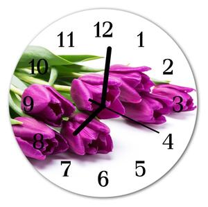 Ceas de perete din sticla rotund Lalele Plante Purple
