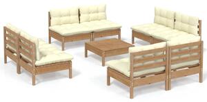 Set mobilier grădină cu perne, 9 piese, crem, lemn de pin