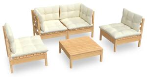 Set mobilier grădină cu perne, 5 piese, crem, lemn de pin