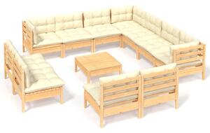 Set mobilier grădină cu perne crem, 12 piese, lemn masiv de pin