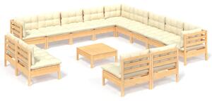Set de mobilier de grădină & perne 14 piese crem lemn masiv pin
