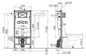 Set ramă de montaj cu rezervor și clapetă de acționare cu butoane rotunde, negru mat, Alcadrain și vas WC suspendat Fluminia, Alfonzo