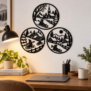 Set 3 decorațiuni de perete Iarna la Țară – Plexiglas negru, Ø 23 cm | NOOT