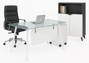 Set Glassy & Qualia - Birou cu blat din sticla, scaun ergonomic și comoda de depozitare