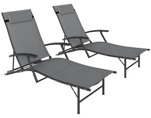 Outsunny Set de 2 Șezlonguri Pliante, Ajustabile în 4 Poziții cu Cotiere și Perne, 64x154x87 cm, Gri | Aosom Romania