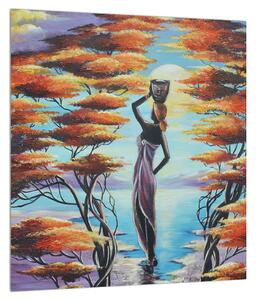 Tablou oriental cu femeie, copaci și soare (30x30 cm)