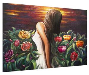 Tablou cu femeie și flori (90x60 cm)