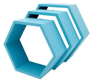 Set 3 rafturi de perete din lemn, in forma hexagonala, cu prindere ascunsa, Carnival, bleu, 37,5 x 32,5 x 9,5 cm, 32,5 x 28 x 9,5 cm, 27,5 x 24 x 9,5 cm