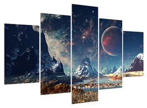 Tablou cu peisaj montan cu planete (150x105 cm)
