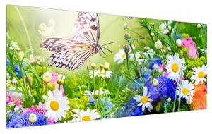Tablou cu flori de vară cu fluture (120x50 cm)