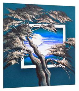 Tablou albastru cu copac și răsărit de soare (30x30 cm)