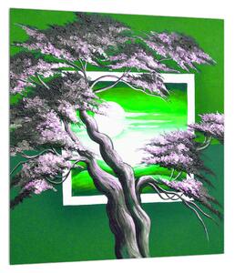 Tablou verde cu copac și răsărit de soare (30x30 cm)