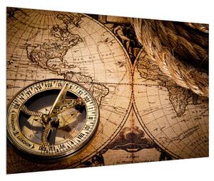 Tablou cu harta lumii și busolă (90x60 cm)