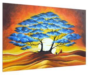 Tablou orintal cu pom albastru și soarele (90x60 cm)