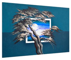 Tablou albastru cu copac și răsărit de soare (90x60 cm)