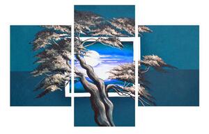 Tablou albastru cu copac și răsărit de soare (90x60 cm)