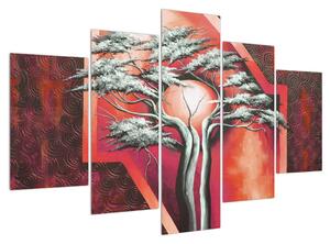 Tablou oriental roșu cu pom și soare (150x105 cm)
