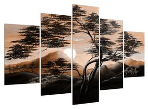 Tablou cu pom, munți și soare (150x105 cm)