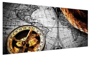 Tablou istoric cu harta lumii și compas (120x50 cm)