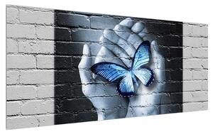 Tablou modern cu palmă și fluture (120x50 cm)