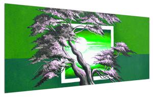 Tablou verde cu copac și răsărit de soare (120x50 cm)