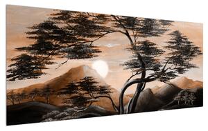 Tablou cu pom, munți și soare (120x50 cm)