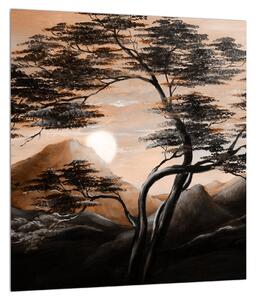 Tablou cu pom, munți și soare (30x30 cm)