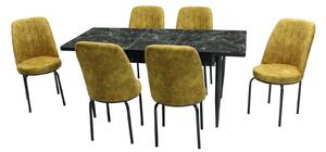 Set masă extensibilă Aris Negru Marmorat cu 6 scaune Athos Galben