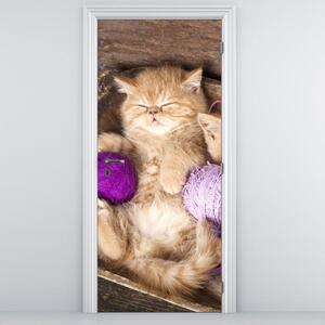 Fototapeta pentru ușă - pisicuța cu ghem violet (95x205cm)