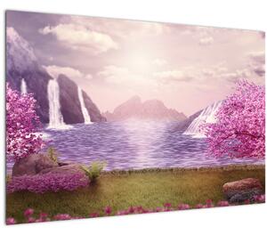 Tablou cu pomi roz cu lac (90x60 cm)