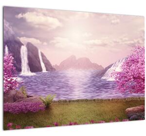 Tablou cu pomi roz cu lac (70x50 cm)