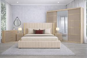 Set Dormitor Golden mdf lucios cu Somiera Rabatabila si lada, dressing 250x200