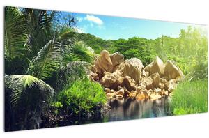 Tablou cu lac în jungla din Seychelles (120x50 cm)