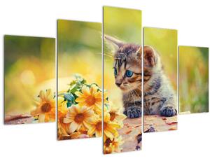 Tablou cu pisicuța uitându-se la floare (150x105 cm)