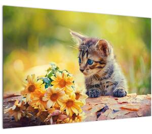 Tablou cu pisicuța uitându-se la floare (90x60 cm)