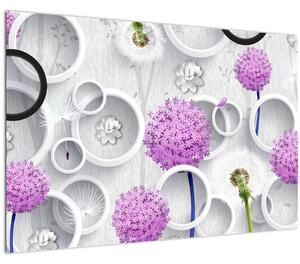 Tablou cu abstracție 3D cu cercuri și flori (90x60 cm)
