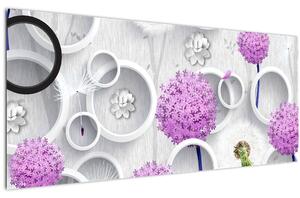 Tablou cu abstracție 3D cu cercuri și flori (120x50 cm)