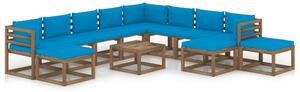 Set mobilier de grădină, 12 piese, cu perne albastru deschis