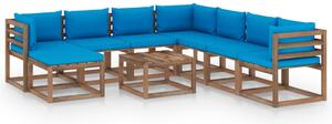 Set mobilier de grădină cu perne albastru deschis, 9 piese
