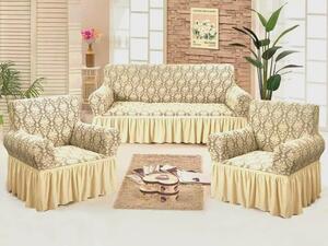 Set huse elastice pentru canapea 3 Locuri si 2 fotolii, cu volanas, model Jacquard Bej