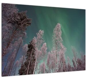 Tablou pe sticlă cu aurora borealis deasupra pomilor înghețați (70x50 cm)
