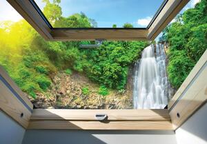 Fototapet - Privire spre cascade din geam (152,5x104 cm)