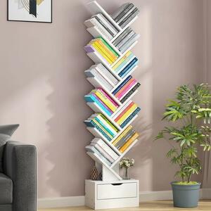Biblioteca verticala in forma de copac cu sertare, rafturi modulare, organizator, 158x34 cm / Alb